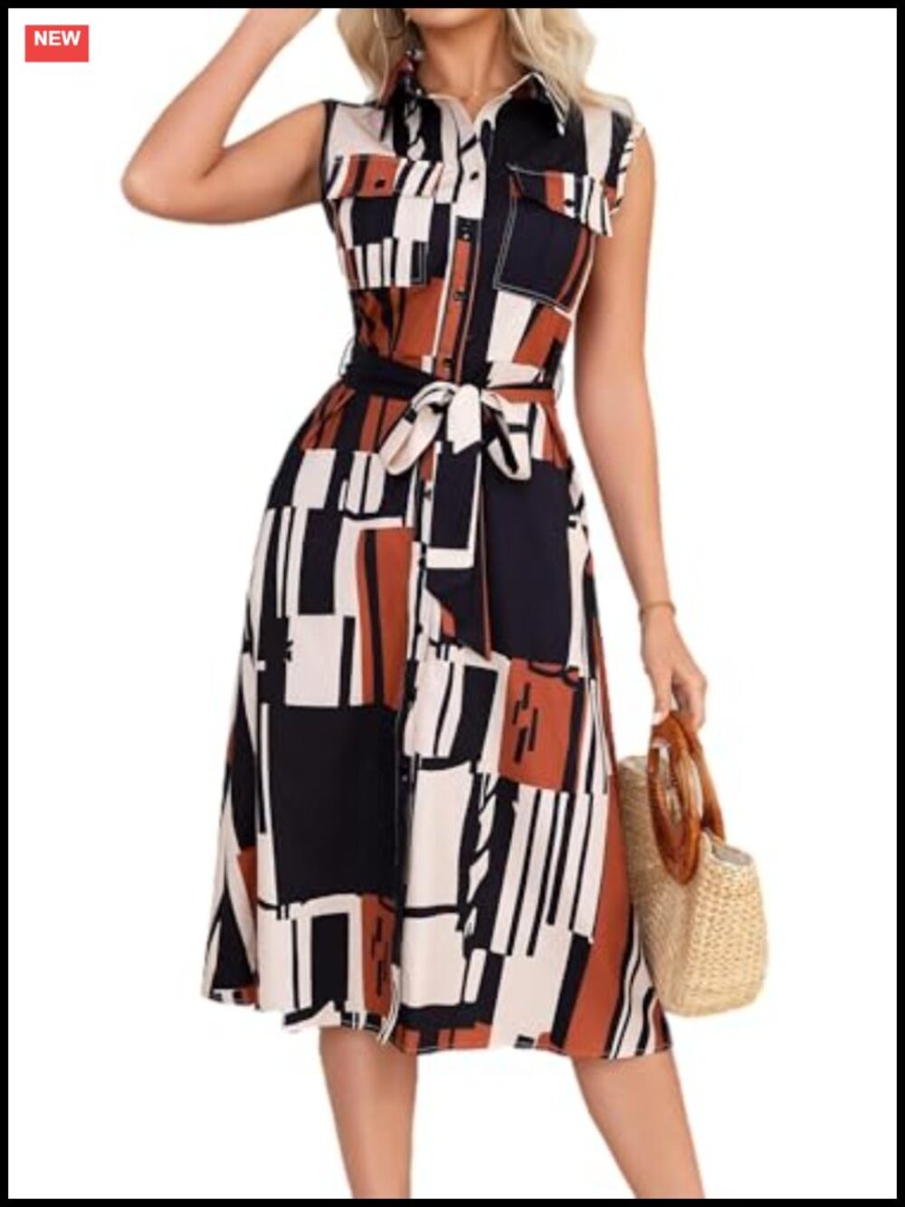 Women's Sleeveless Button Down Midi Shirt Dress Tie Waist Pockets A-Line